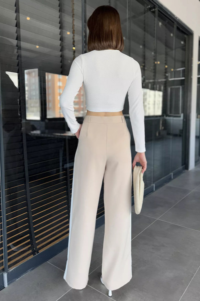 GÜLSELİ Beige Side Striped Wide Leg Women's Fabric Trousers