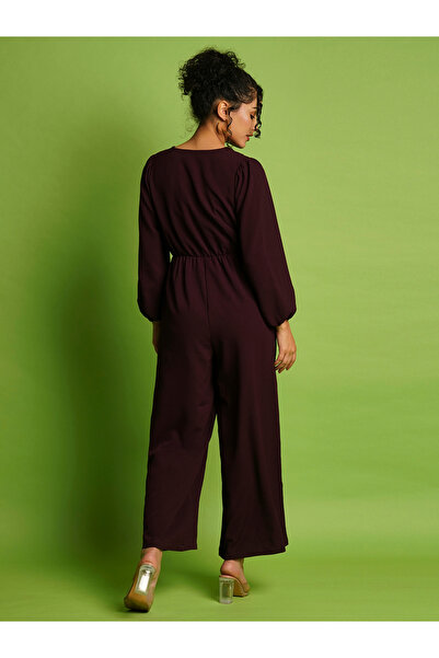 Globus By Styli Solid V-Neck Balloon Sleeves Wide Leg Jumpsuit