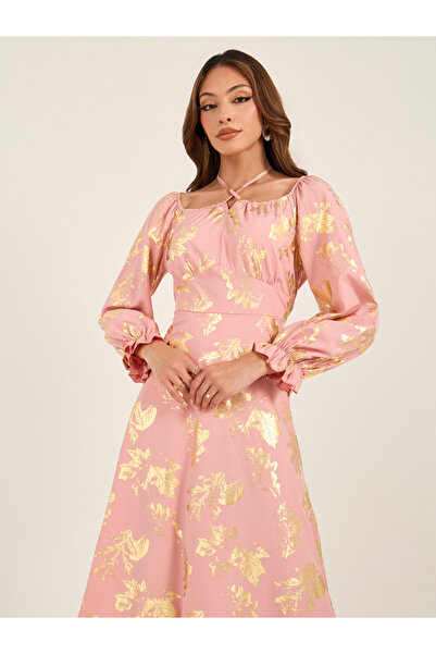 Keenly By Styli Cross Neck Detail Foil Printed Midi Dress