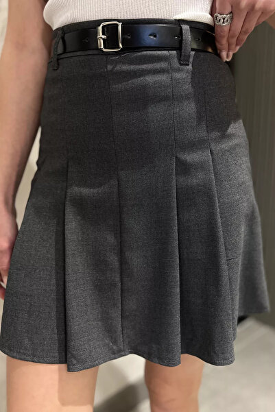 Zehra Gül Antrasit Kadın Bel Kemerli İçi Şortlu Pileli Etek