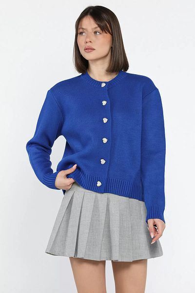 GÜLSELİ Sax Blue Women's Stone Heart Figured Buttoned Knitwear Cardigan