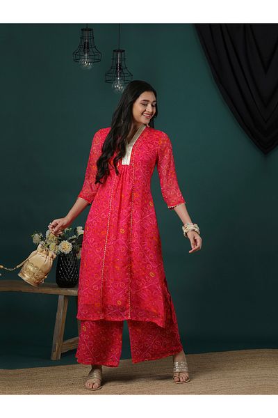 Globus By Styli Embroidered V-Neck Lace A-Line Kurta & Flared Palazzos Set