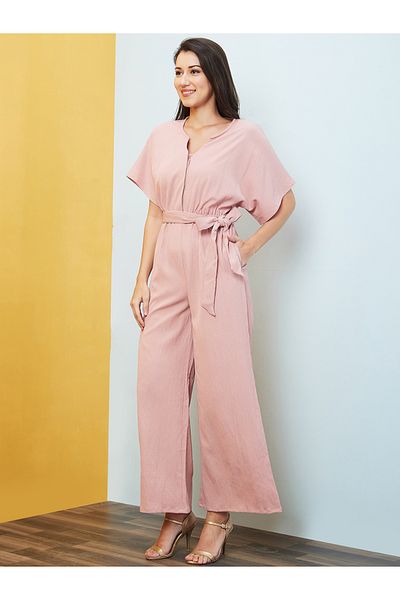 Globus By Styli Solid V-Neck Drop Shoulder Waist Tie-Up Jumpsuit