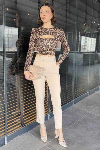 GÜLSELİ Women's Fabric Pants with Stone Belt