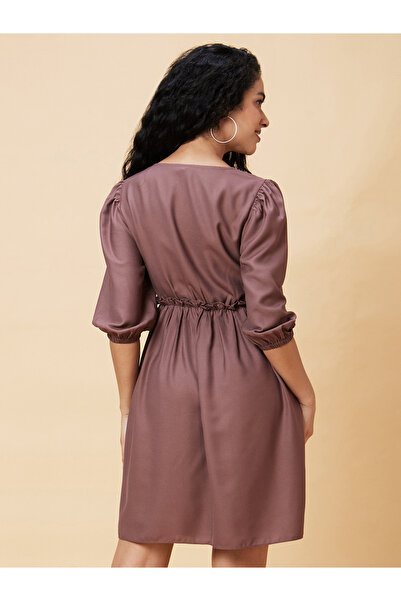 Globus By Styli Solid V-Neck Puff Sleeve A-Line Mini Dress