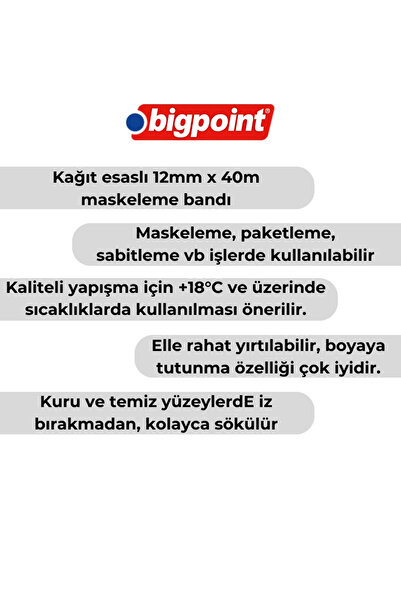 Bigpoint | Maskeleme Bandı, 12 mm x 40 m, Hotmelt Tutkallı Özel Yapışma