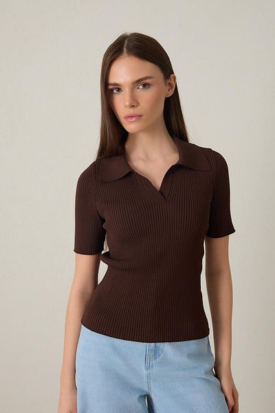 Setre Bitter-Brown Shirt Collar Short Sleeve Knitwear Blouse