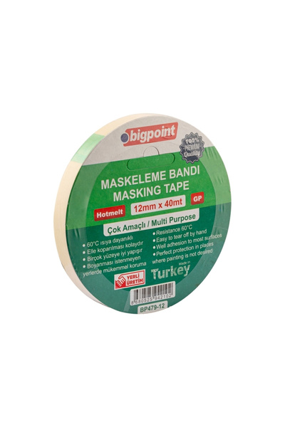 Bigpoint | Maskeleme Bandı, 12 mm x 40 m, Hotmelt Tutkallı Özel Yapışma
