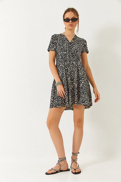 Bianco Lucci Women's Double Breasted Neck Pattern Short Sleeve Mini Dress 60261470