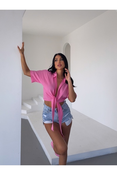 Buklemoda Μπλούζα από λινό μουσελίνα με ροζ κορδόνι