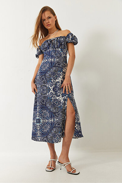 Bianco Lucci Women's Lace-Up Collar Slit Detailed Patterned Midi Dress 60261478