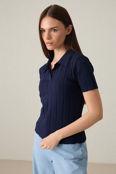 Setre Navy Blue Collar Detailed Striped Short Sleeve Knitwear Blouse