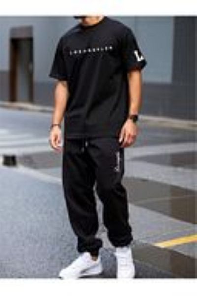 PENTHİLUS Unisex Los Angeles Printed Short Sleeve T-Shirt and Long Pants Set Comfortable All Seasons Fabric