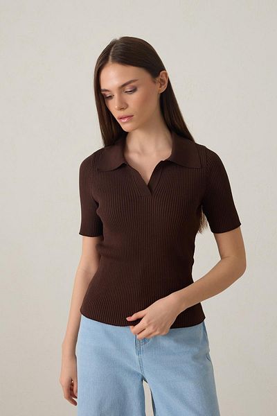 Setre Bitter-Brown Shirt Collar Short Sleeve Knitwear Blouse