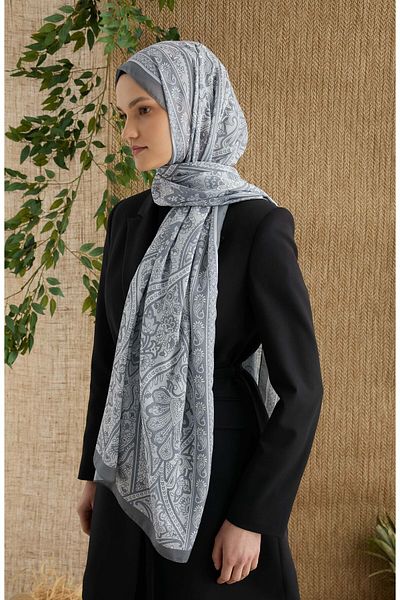 Fatma Atasoy Hera Gray Ethnic Pattern Shawl