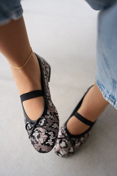 selinshoes Beige Women's Ballerinas - Oval Toe, Bow Detail, Sequin Embroidered Elastic