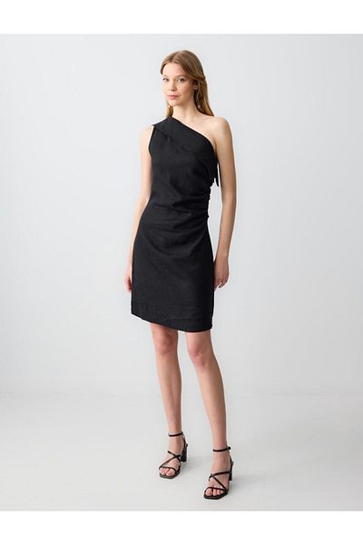 Jimmy Key Black Slim Cut Asymmetric Collar One Shoulder Mini Linen Dress