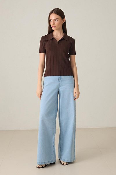 Setre Bitter-Brown Collar Detailed Striped Short Sleeve Knitwear Blouse