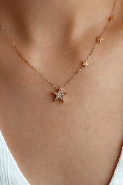 SEMİZ KUYUMCULUK Sıralı Taşlı Yıldız Altın Kolye