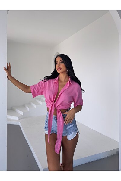 Buklemoda Μπλούζα από λινό μουσελίνα με ροζ κορδόνι