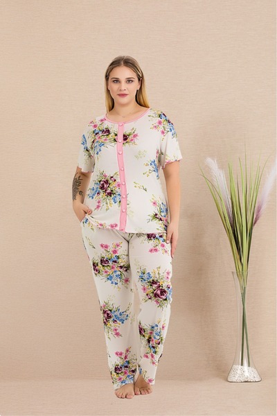 Lady Lingerie Floral Patterned Short Sleeve Buttoned 93% Cotton 7% Lycra Women's Pajama Set