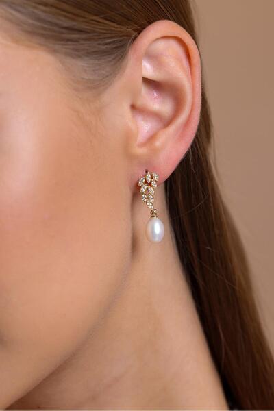 Birinci 14 Ayar Altın 8 mm Yaprak Taşlı Doğal İnci Sallantılı Küpe