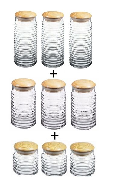Paşabahçe 9 Piece Babylon Wooden Jar Set with Lid 3 Sizes