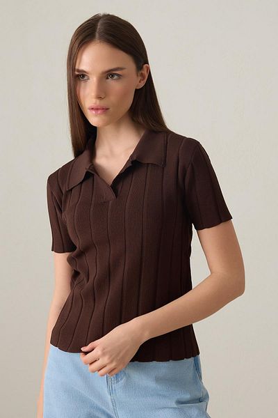 Setre Bitter-Brown Collar Detailed Striped Short Sleeve Knitwear Blouse