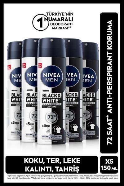 NIVEA MEN Erkek Sprey Deodorant Black & White Invisible Original 150ml, 72 Saat Anti-perspirant, X5 Adet