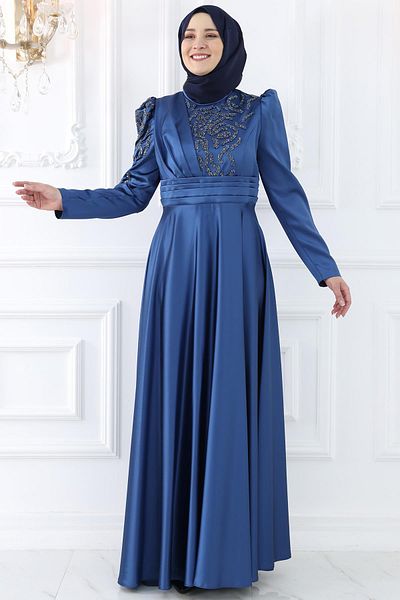 Amine Hüma Βραδινό φόρεμα Navy Blue Satin Rümeysa