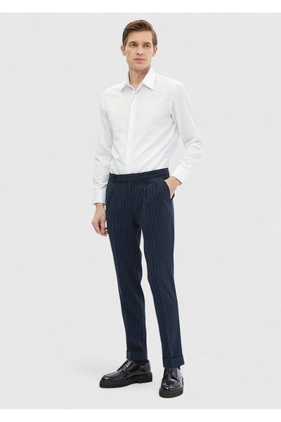 Ramsey Navy Blue Striped Woven Carrot Fit Classic Trousers