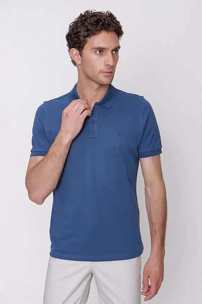 Morven Tricou pentru bărbați, marin Basic, solid, 100% bumbac, slim fit, cu mânecă scurtă, cu gât polo