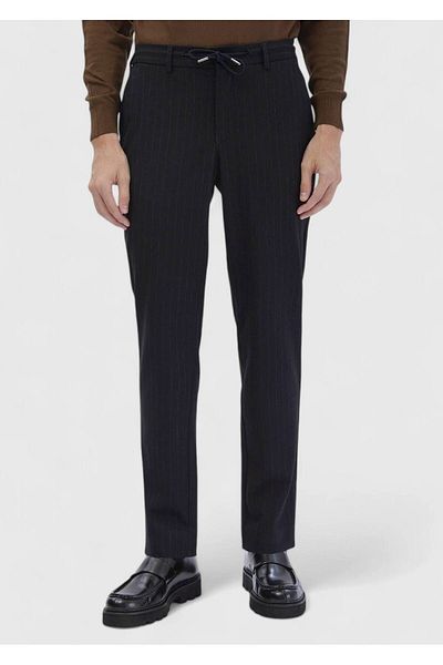 Ramsey Navy Blue Striped Woven Jogging Fit Casual 100% Cotton Trousers