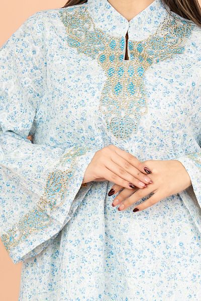 IKKXA Mandarin Collar Embroidered Jalabiya with Printed Pattern