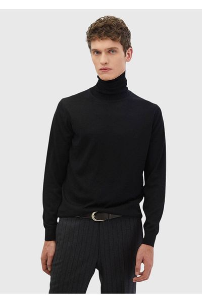 Ramsey Black Full Turtleneck Plain Knitted Wool Blended Knitwear