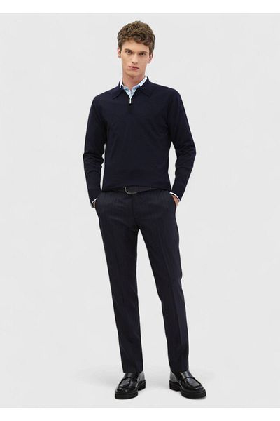 Ramsey Navy Blue Polo Neck Plain Knitted 100% Wool Knitwear