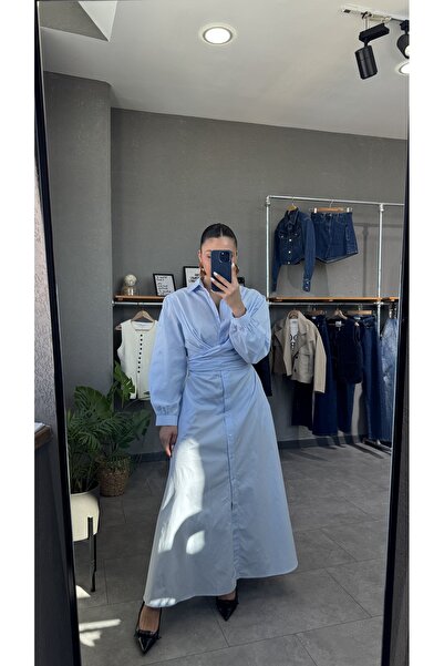 YOUR NAME فستان نسائي أزرق بتفاصيل مربوطة عند الخصر