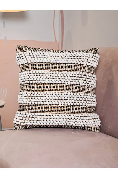 Sanskrutihomes White and Brown Embroidered Cotton Square Cushion Cover - 45x45cm