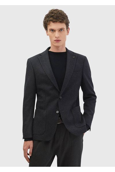 Ramsey Πλεκτό μπουφάν Anthracite Checked Zeroweight Slim Fit με μάλλινο μείγμα