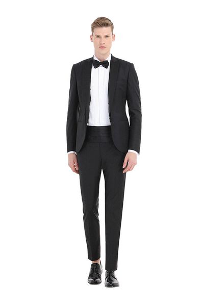 Ramsey Black Plain Fashion Slim Fit Double Breasted Lapel Woven Tuxedo Suit