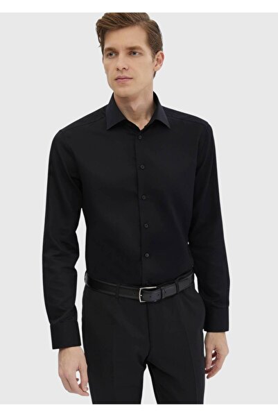Ramsey Siyah Düz Regular Fit Dokuma Klasik %100 Pamuk Gömlek