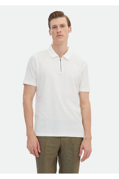 Ramsey Ecru Jacquard Polo Neck 100% Cotton T-shirt