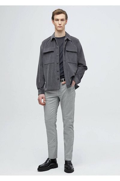 Ramsey Σκούρο γκρι ίσιο Casual Fit Woven Velvet 100% βαμβακερό πουκάμισο