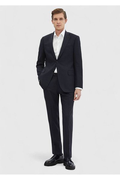 Ramsey Navy Blue Patterned Regular Fit 100% Wool Suit