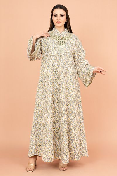IKKXA Mandarin Collar Embroidered Jalabiya with Printed Pattern