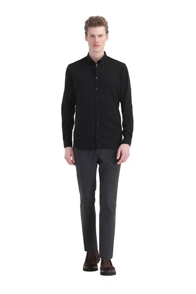 Ramsey Μαύρο Slim Fit Casual Βαμβακερό πουκάμισο