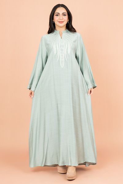 IKKXA Embroidered Solid Jalabiya with Stylish Mandarin Collar