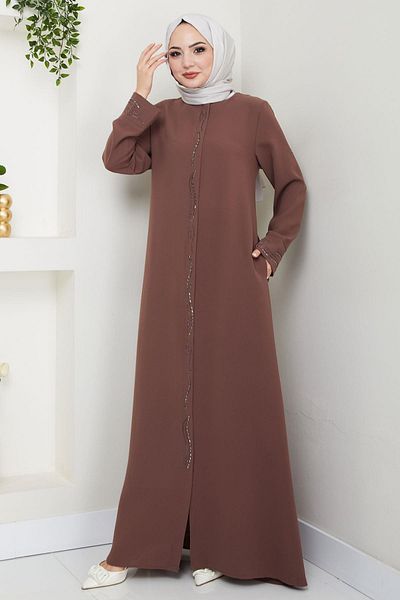 hafsamina Honeycomb Fabric Large Size Stoned Ferace Brown Hm2352