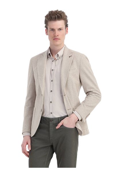 Ramsey Μπεζ Slim Fit Πλεκτό Μπουφάν με Μάλλινο Μείγμα - Σχέδιο Επίπεδο Μπλουζάκι