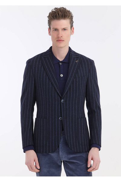 Ramsey Πλεκτό μπουφάν Navy Blue Striped Slim Fit - Μικτό μαλλί